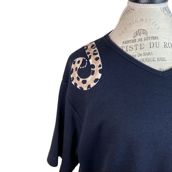 Vintage 1990s Keneth Too! Black Ribbed Chetah Graphic Print Short Sleeve Large - Picture 2 of 8